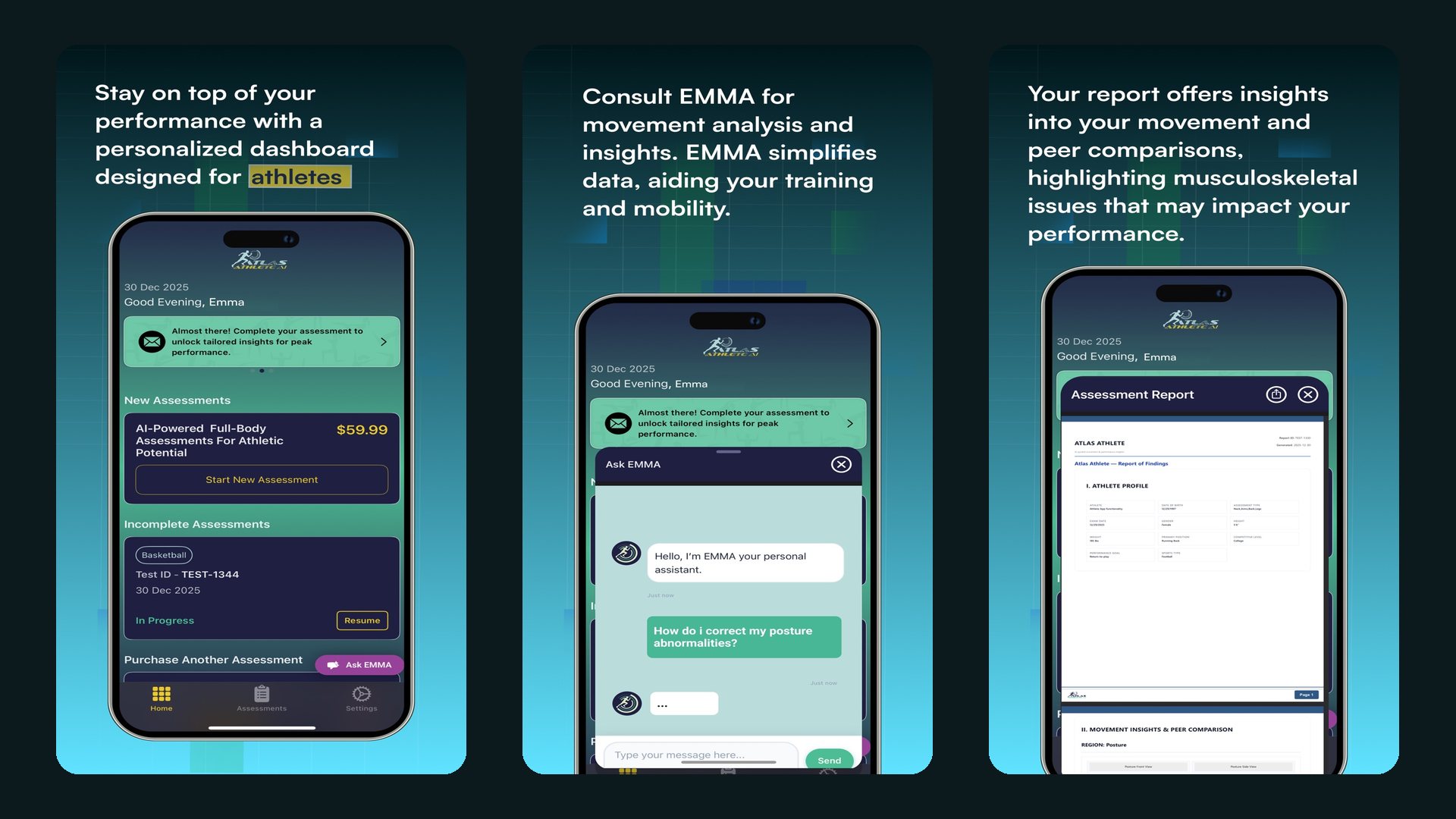 Three Atlas Athlete screens — the athlete dashboard, the Ask EMMA assistant, and a movement assessment report