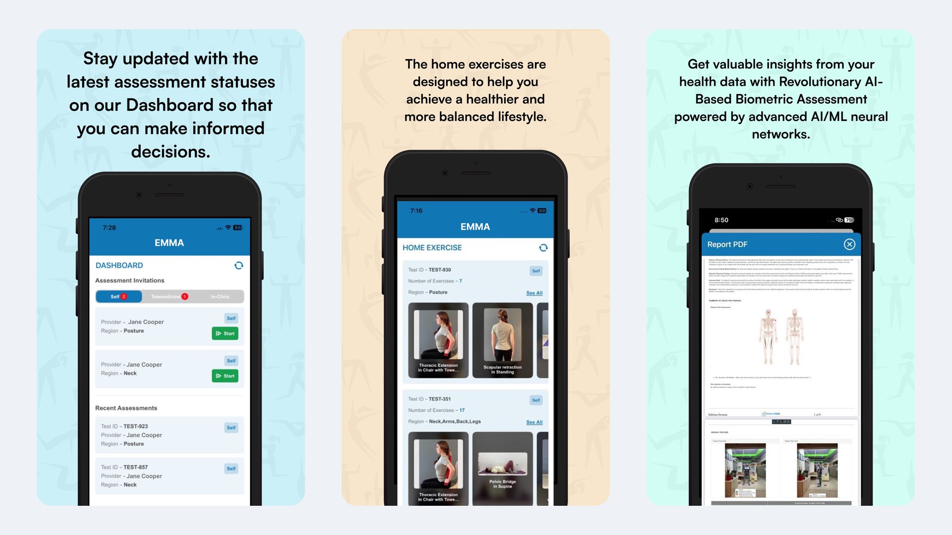Three EMMA Health screens — the assessment dashboard, prescribed home exercises, and a generated clinical report