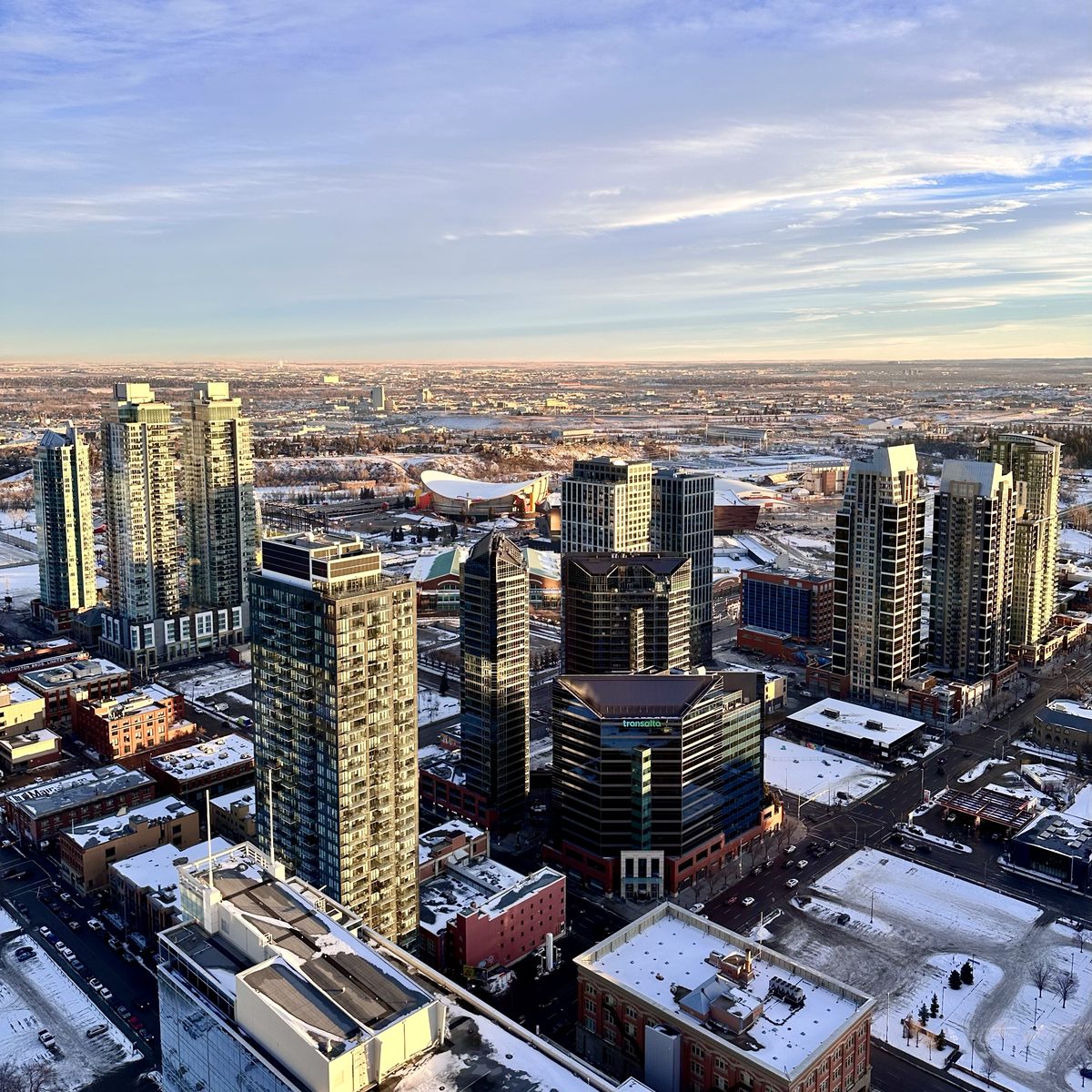 Downtown Calgary from above on a clear winter evening