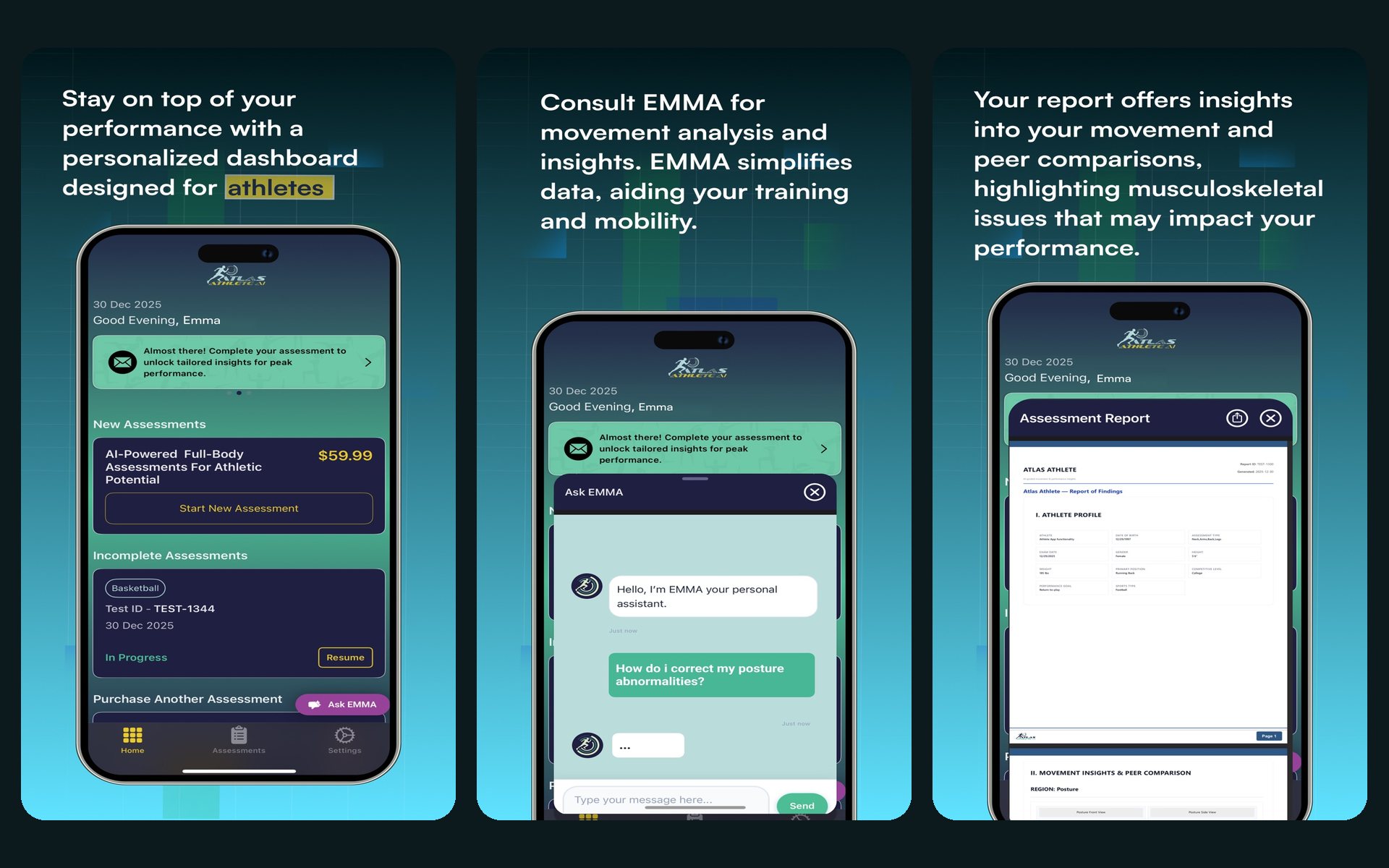 Three Atlas Athlete screens — the athlete dashboard, the Ask EMMA assistant, and a movement assessment report