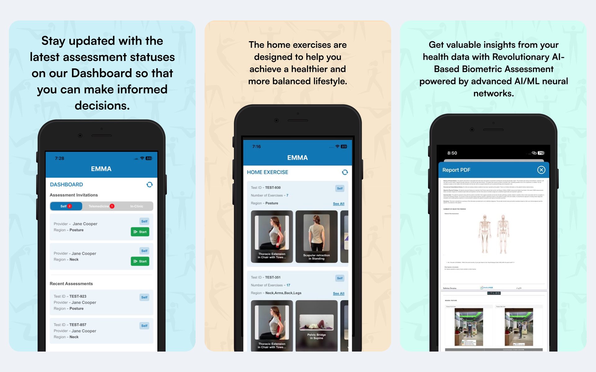 Three EMMA Health screens — the assessment dashboard, prescribed home exercises, and a generated clinical report